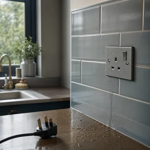 Double socket on a tiled kitchen wall beside the sink