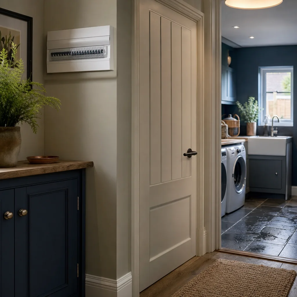 Bright kitchen with a washing machine and a socket on the wall