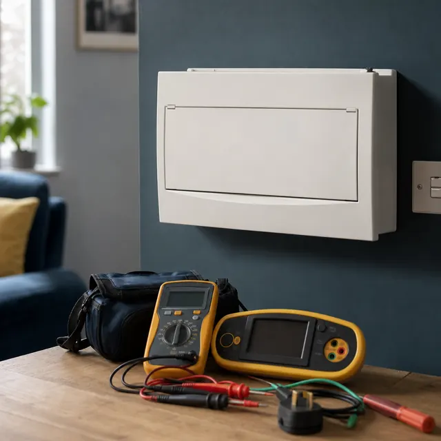 Consumer unit above a TRACEFORM test kit and multimeter