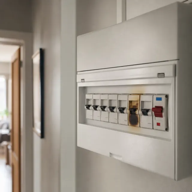 Open consumer unit with one breaker tripped