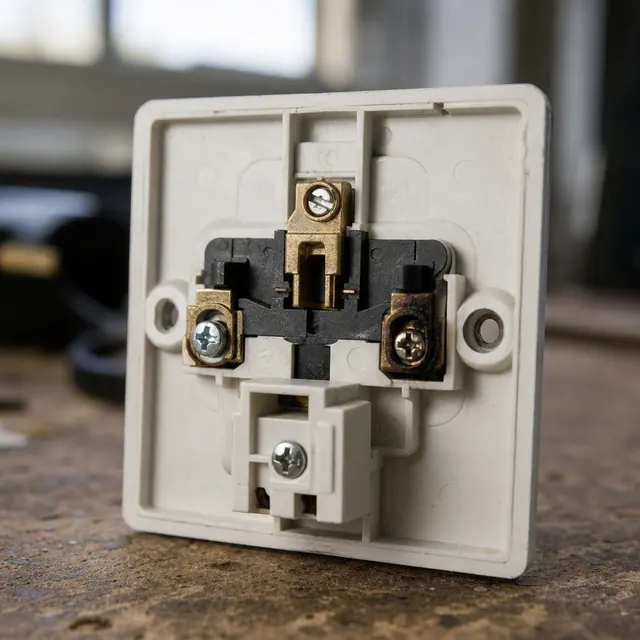 Removed socket faceplate showing a burnt terminal