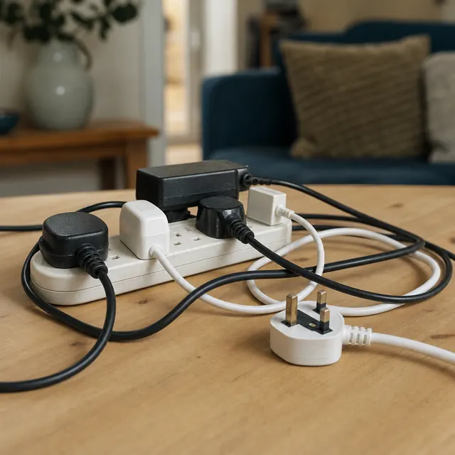 Extension lead overloaded with plugs on a kitchen table