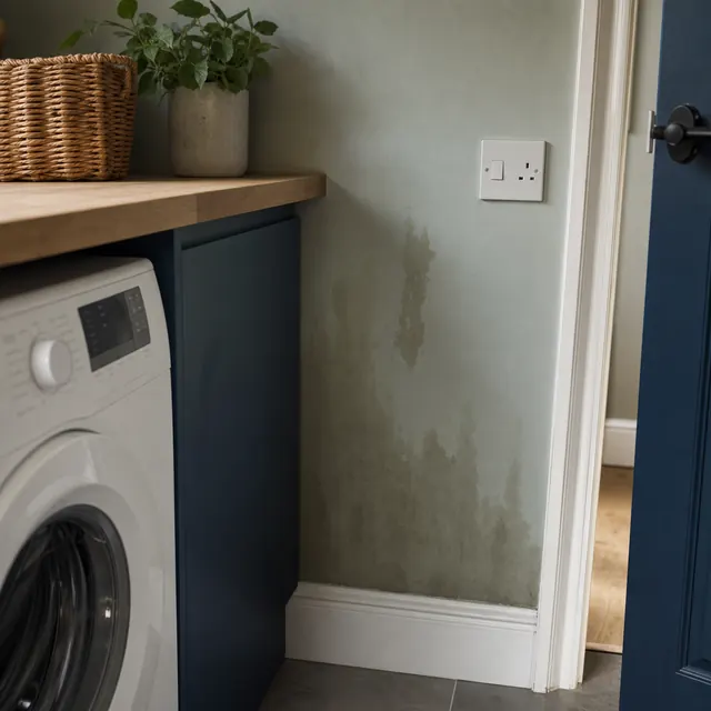 Washing machine beside a socket with water on the wall