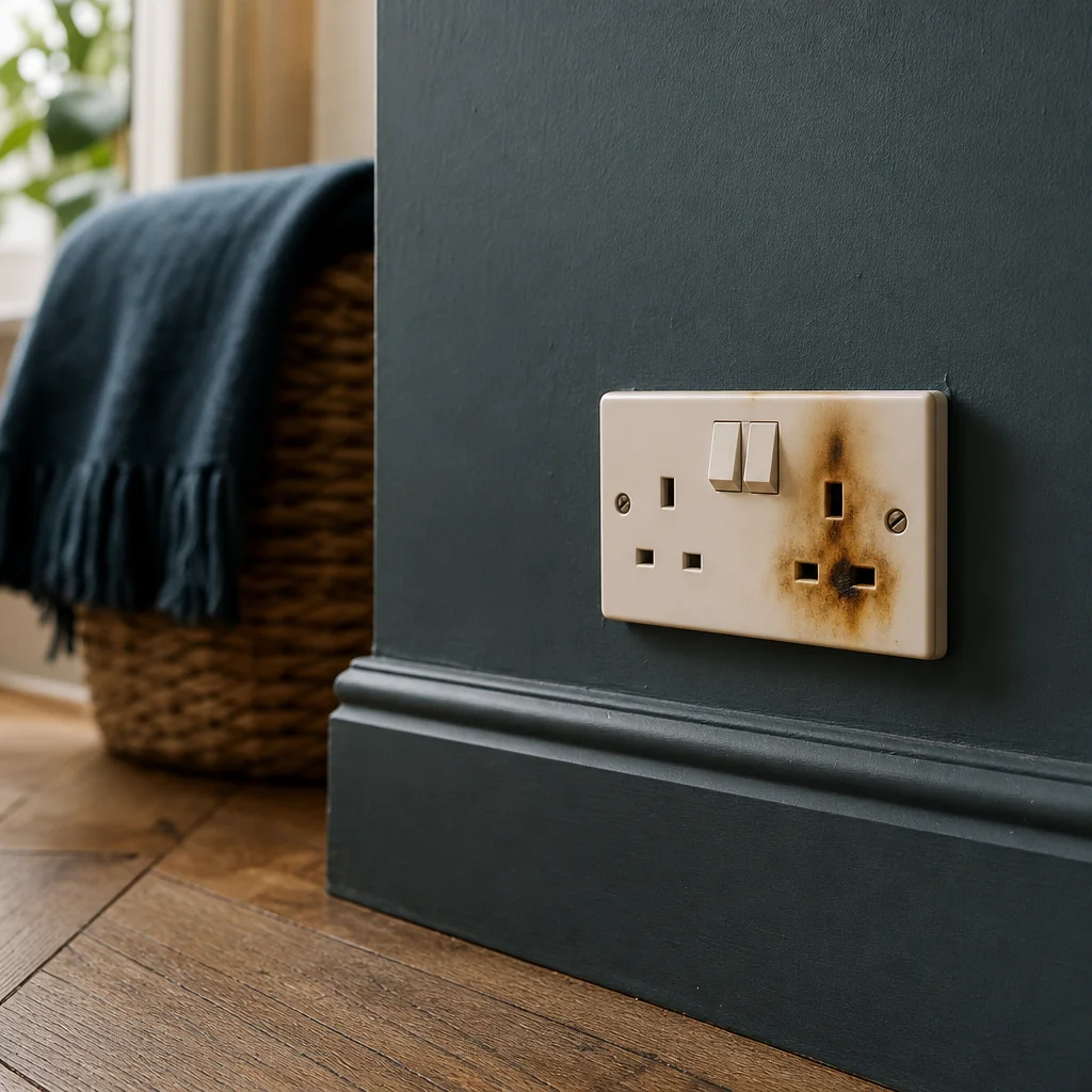 Scorched double socket with a plug inserted on a grey wall