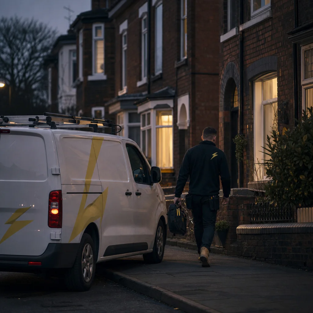 TRACEFORM electrician walking from the van to a terraced house at dusk