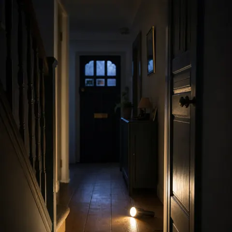 Dark hallway with the lights out during a power fault