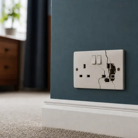White double socket with a scorch mark on a blue wall