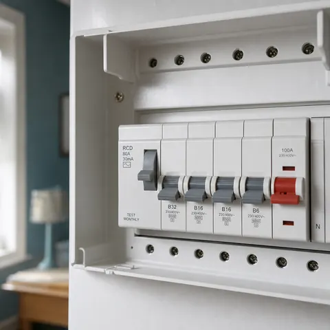 Consumer unit with a red-flagged breaker in the off position