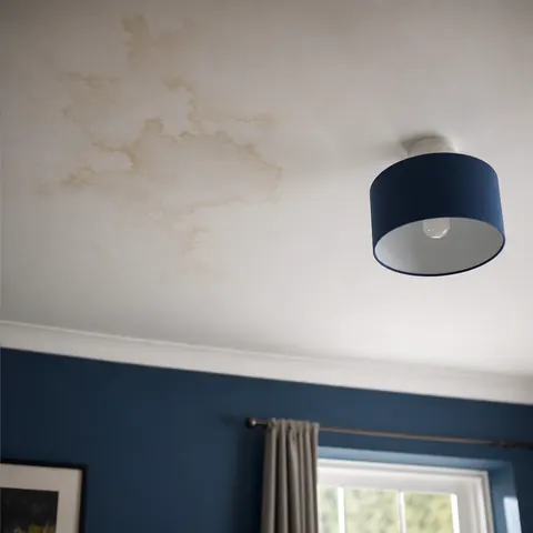 Water stain on a ceiling above a pendant light