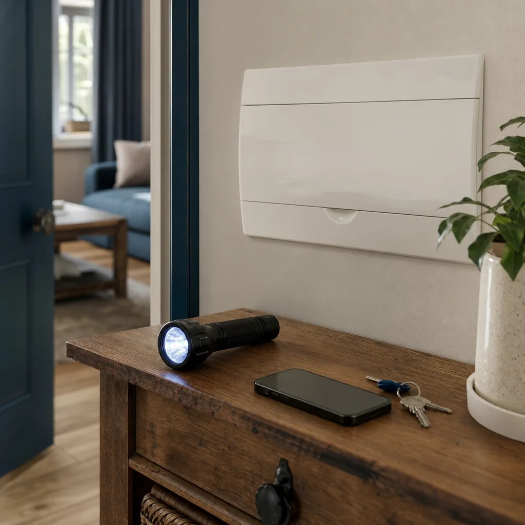 Torch and phone on a hallway table by the front door