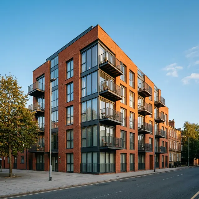 Modern brick apartment block with balconies under a blue sky