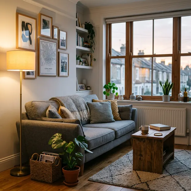 Cosy rented flat with a sofa, lamp and gallery wall