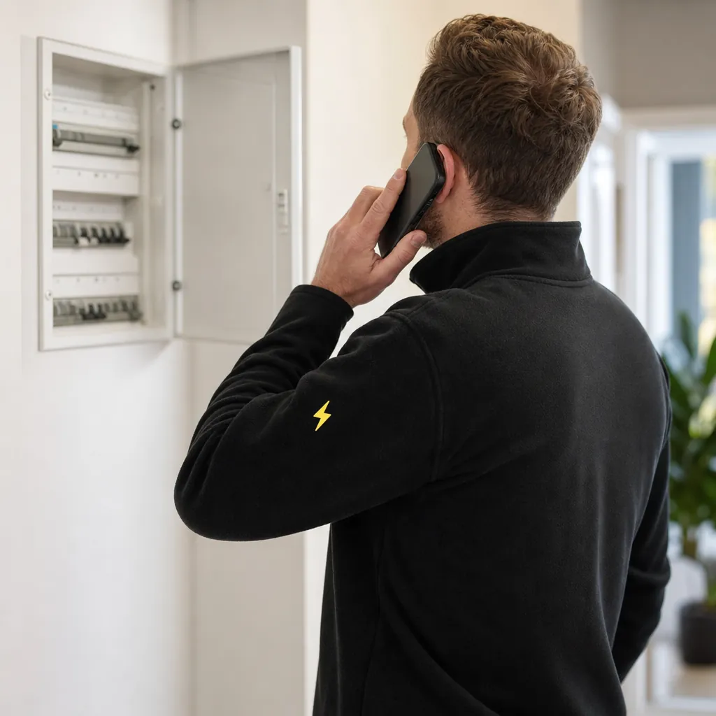 TRACEFORM engineer taking an emergency call beside an open consumer unit