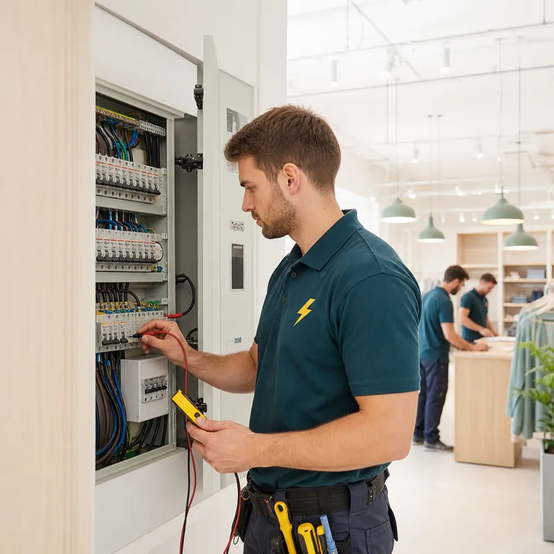 TRACEFORM electrician testing a three-phase distribution board in a commercial unit