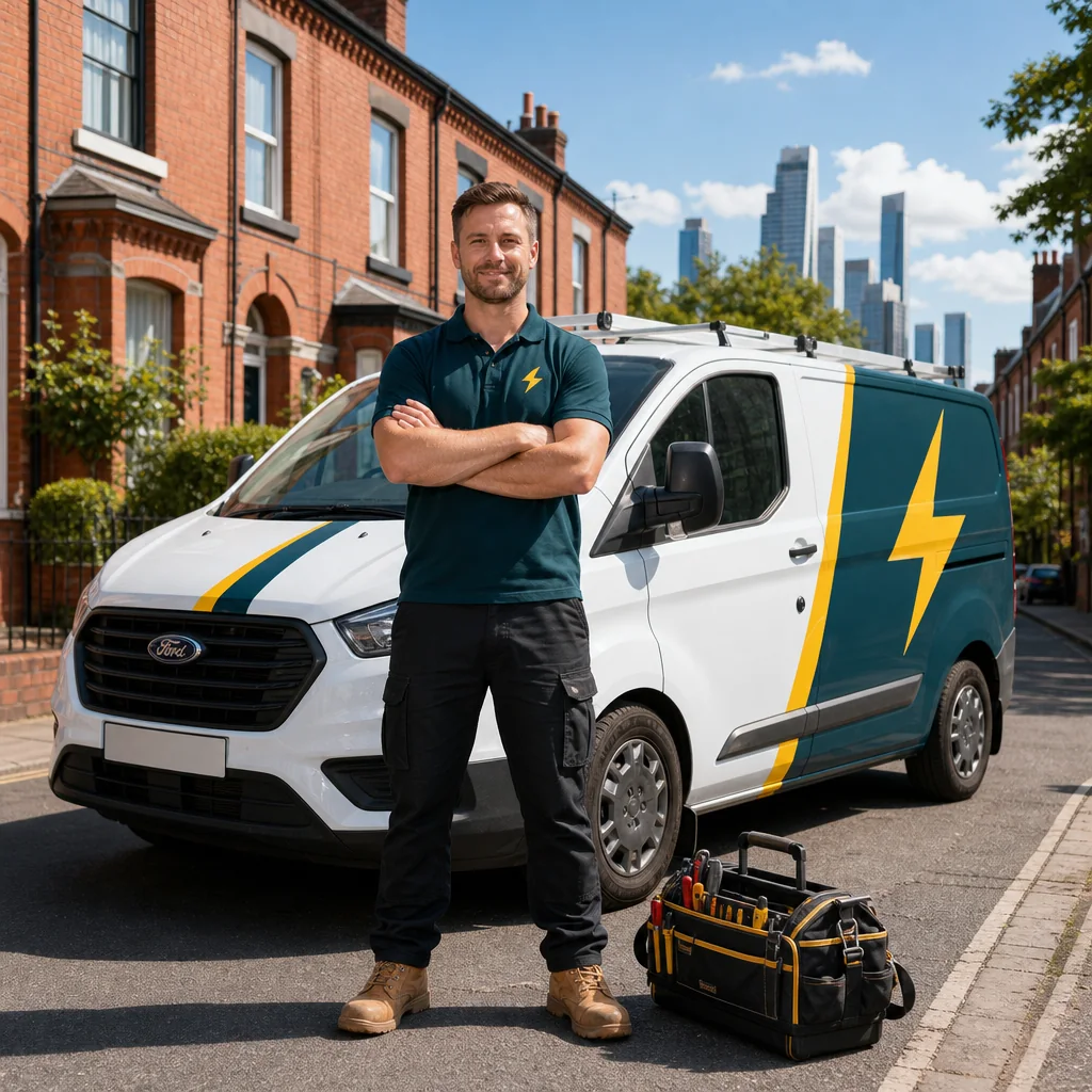 TRACEFORM emergency electrician standing with arms crossed beside a liveried van on a Manchester street