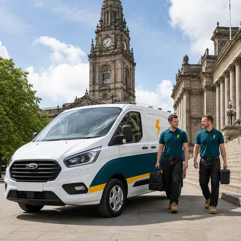 TRACEFORM electricians walking past their van beside Bolton Town Hall