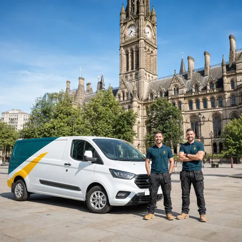 TRACEFORM van and two electricians outside Manchester Town Hall