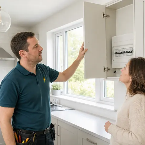 TRACEFORM electrician checking a consumer unit for a homeowner with no power