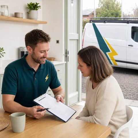 TRACEFORM electrician explaining a written quote to a customer at her door