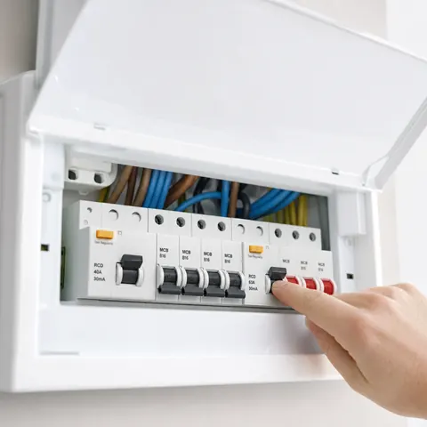 Finger pressing the test button on an RCD inside a consumer unit