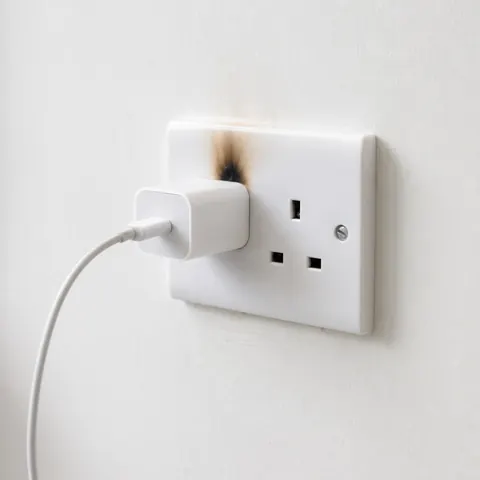 Scorched white plug socket with a charger still plugged in