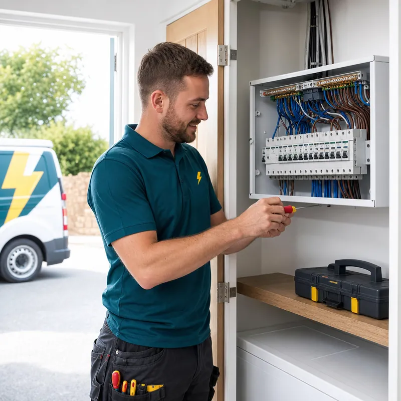TRACEFORM electrician working inside an open consumer unit with the van parked outside