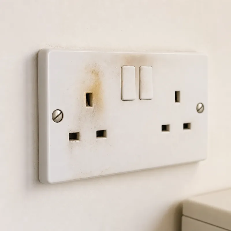 White double socket with scorch marks around the switch, a sign of overheating