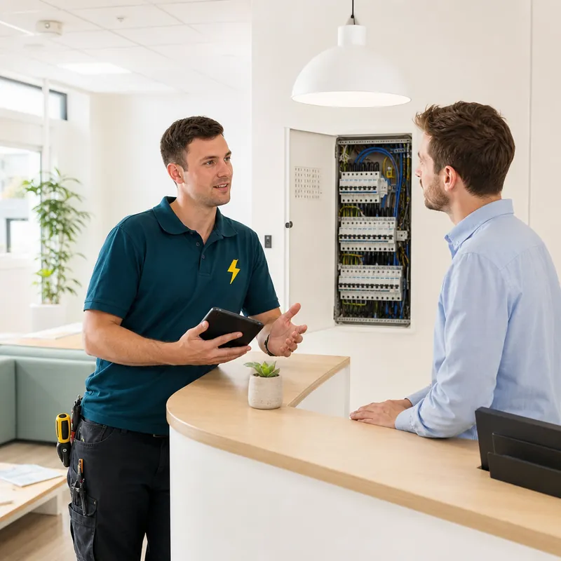 TRACEFORM electrician discussing a commercial fault with a business owner at reception