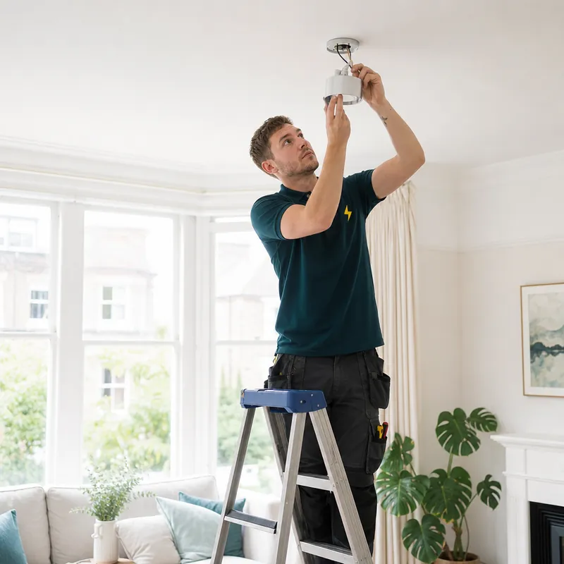 Electrician on a step ladder repairing a ceiling light fitting in a bright room