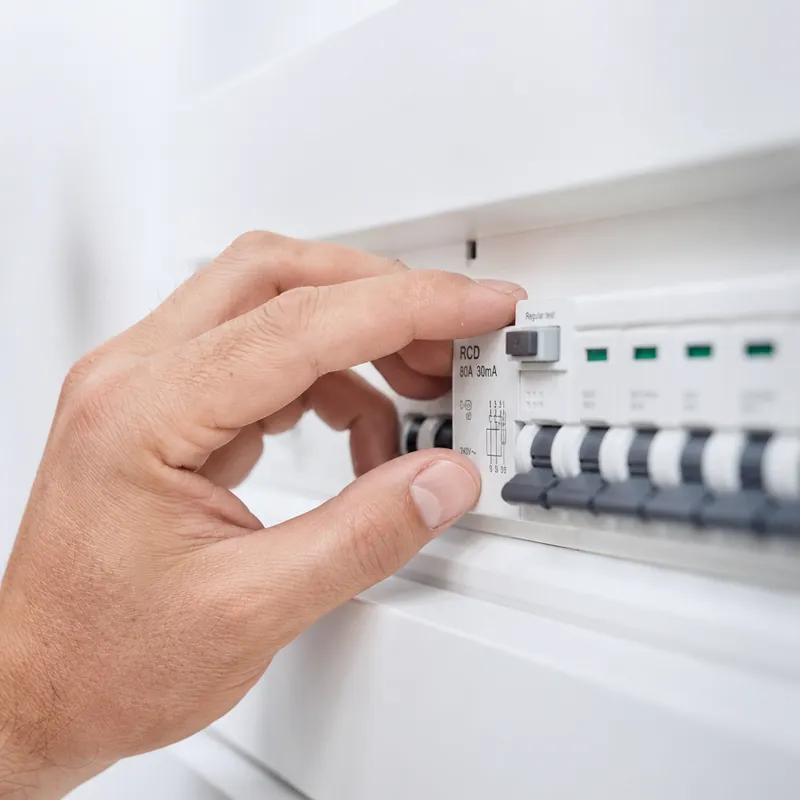 Electrician's hand resetting a tripped RCD on a domestic consumer unit
