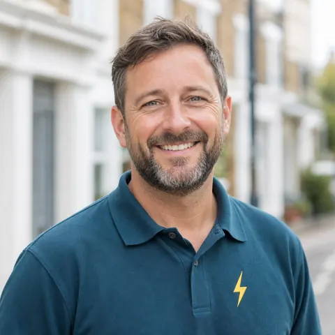 Portrait of a smiling TRACEFORM electrician in a navy polo shirt