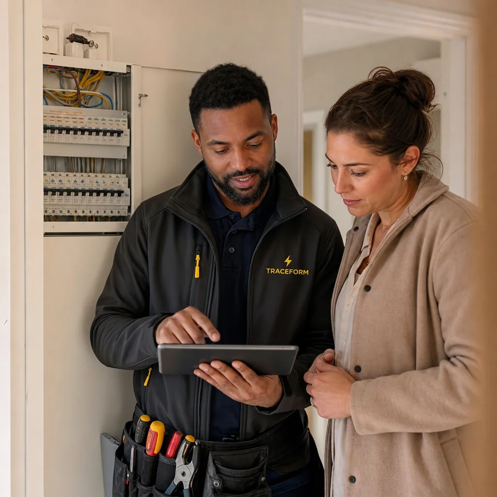 TRACEFORM engineer showing a landlord the results of an electrical inspection on a tablet