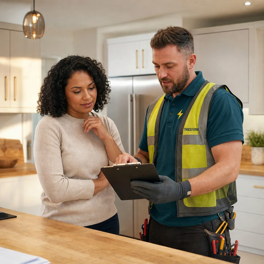 TRACEFORM engineer in hi-vis going through a checklist with a customer