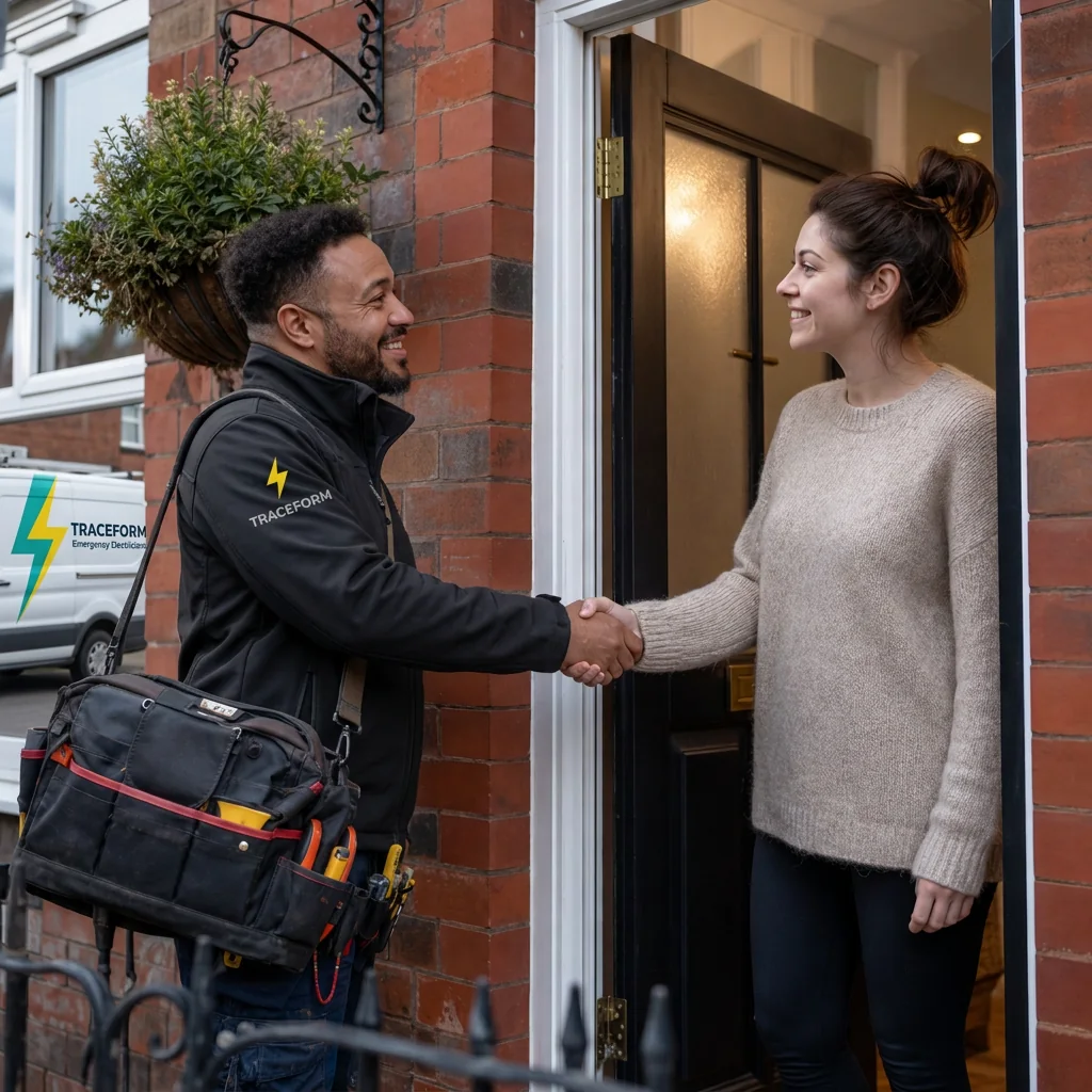 TRACEFORM engineer shaking hands with a customer at her front door