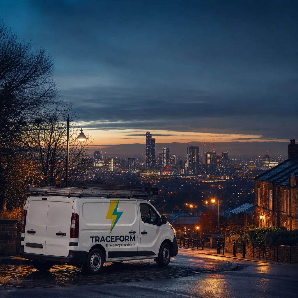 TRACEFORM van overlooking the Manchester skyline at night