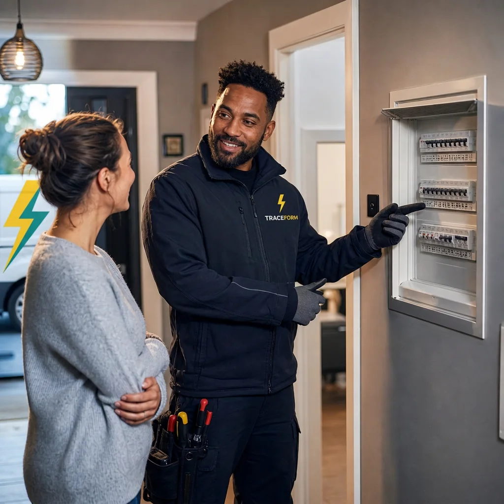 Electrician explaining the fault to the customer