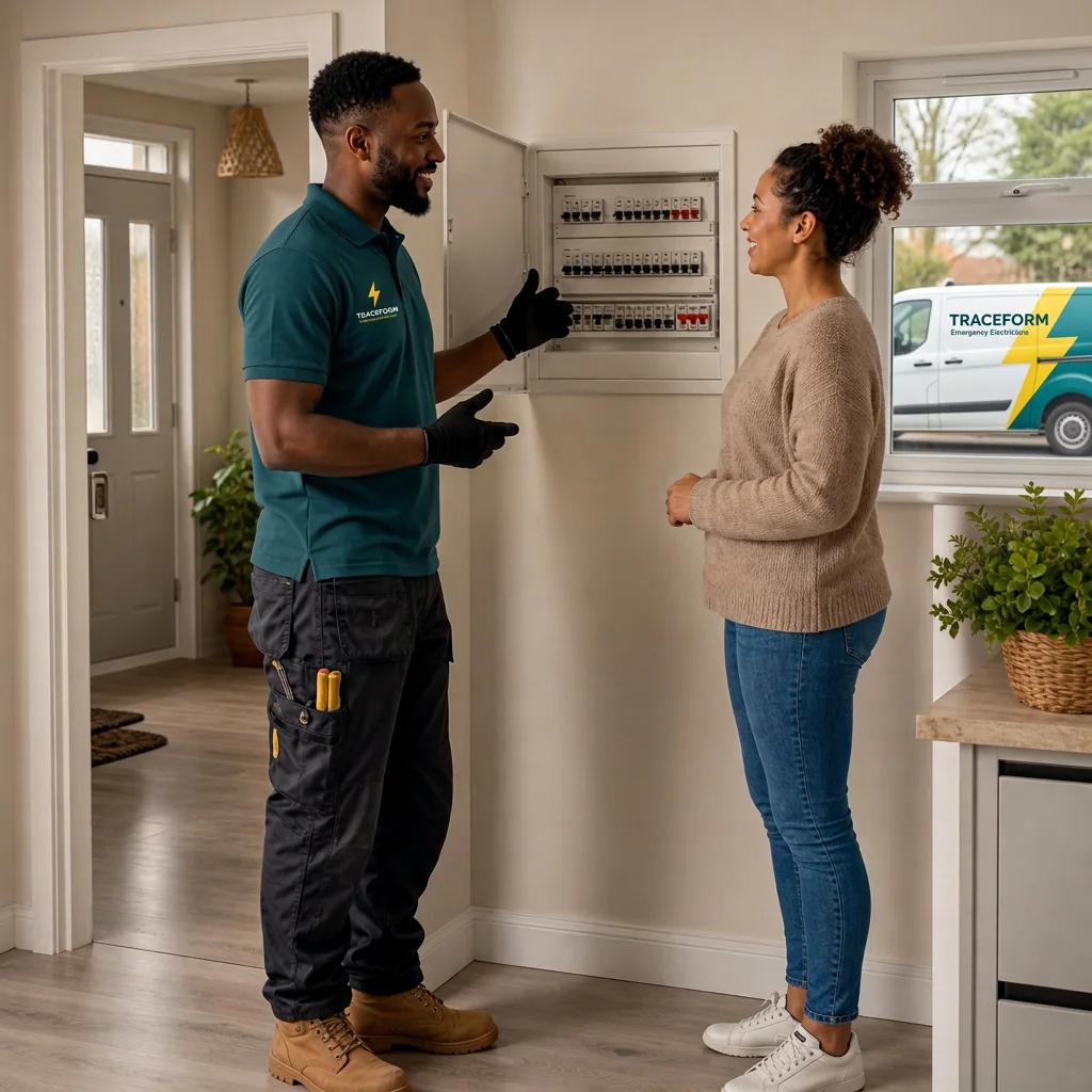 Electrician explaining the fault to the customer