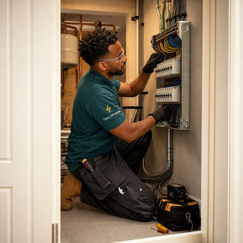 TRACEFORM engineer working inside an open consumer unit by a front door