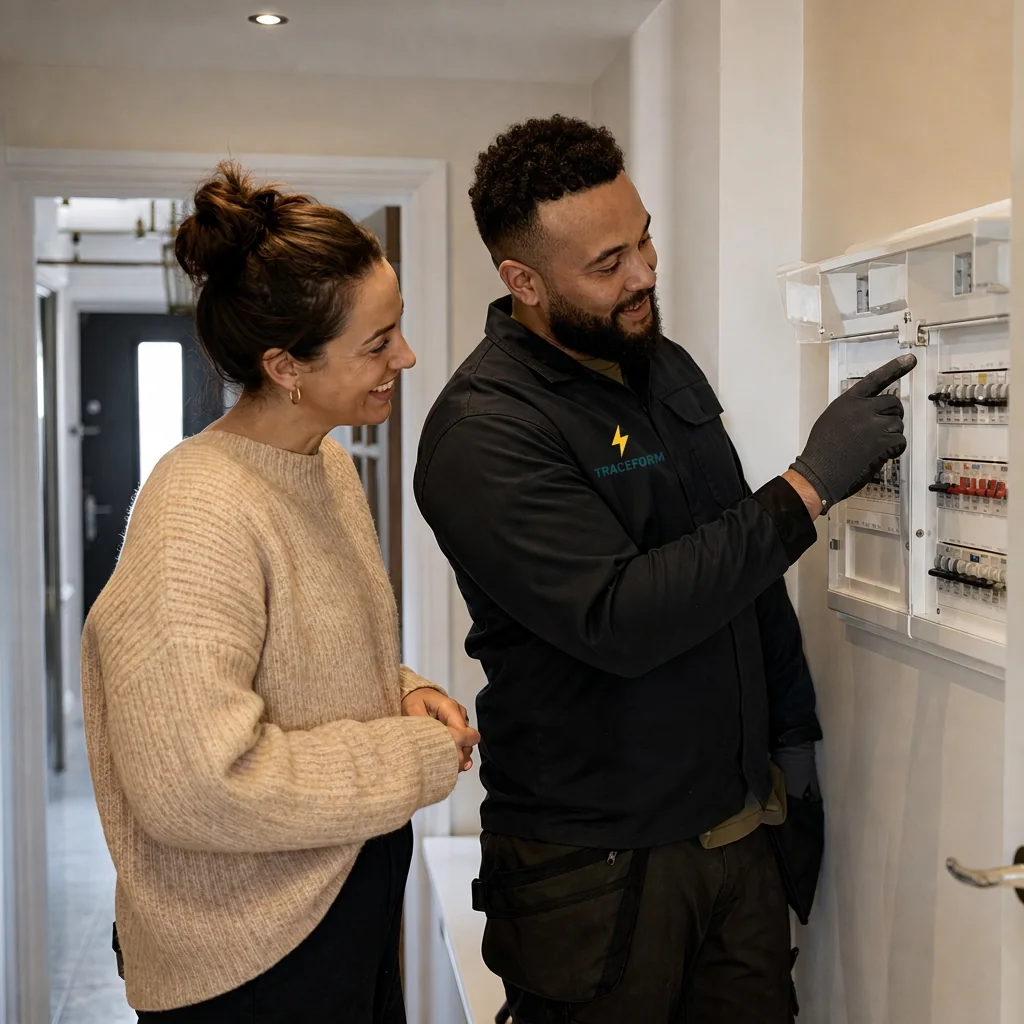 Electrician explaining the fault to the customer