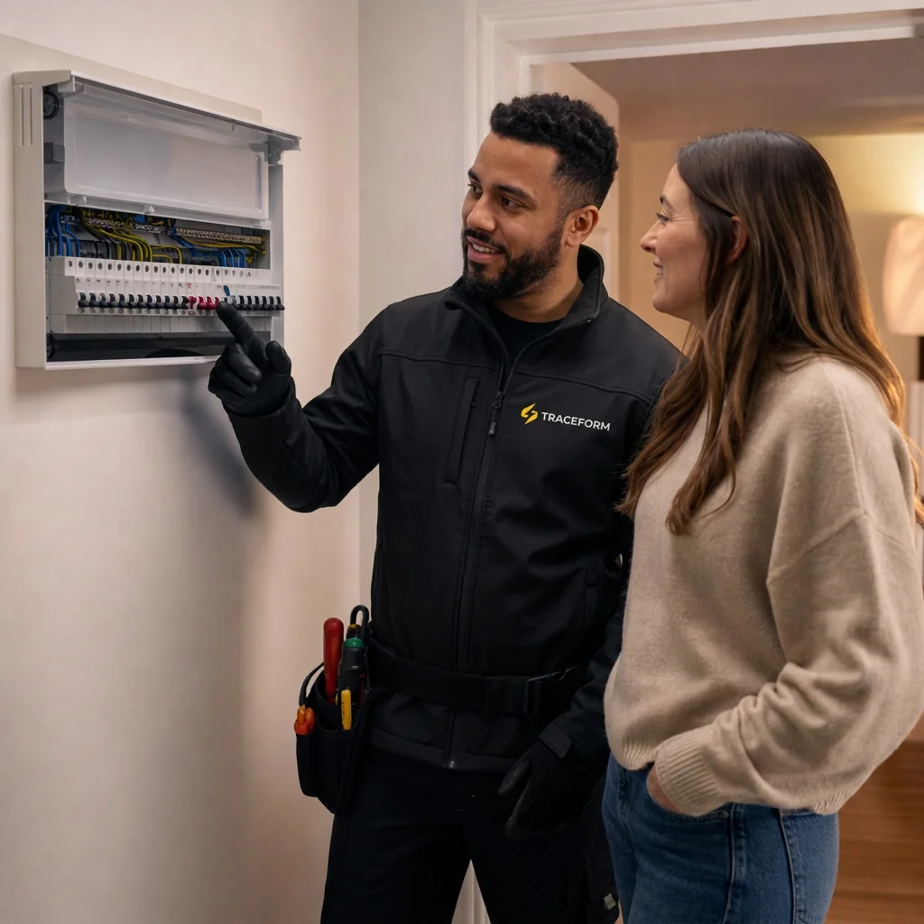 Electrician explaining the fault to the customer