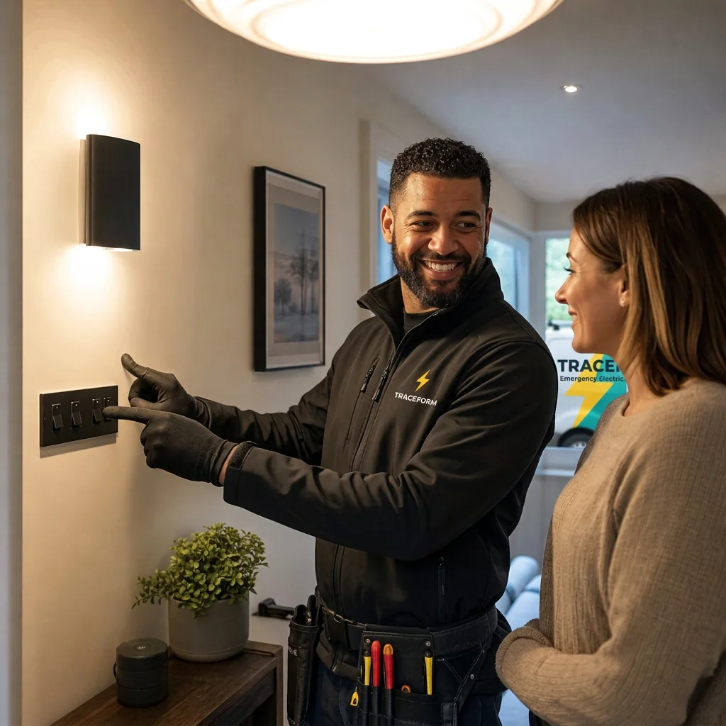 Electrician explaining the fault to the customer
