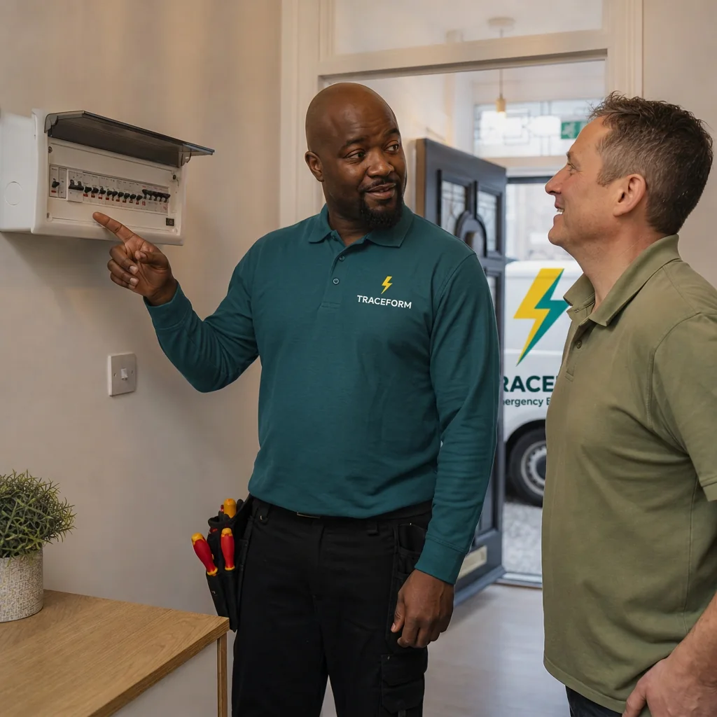 Electrician explaining the fault to the customer
