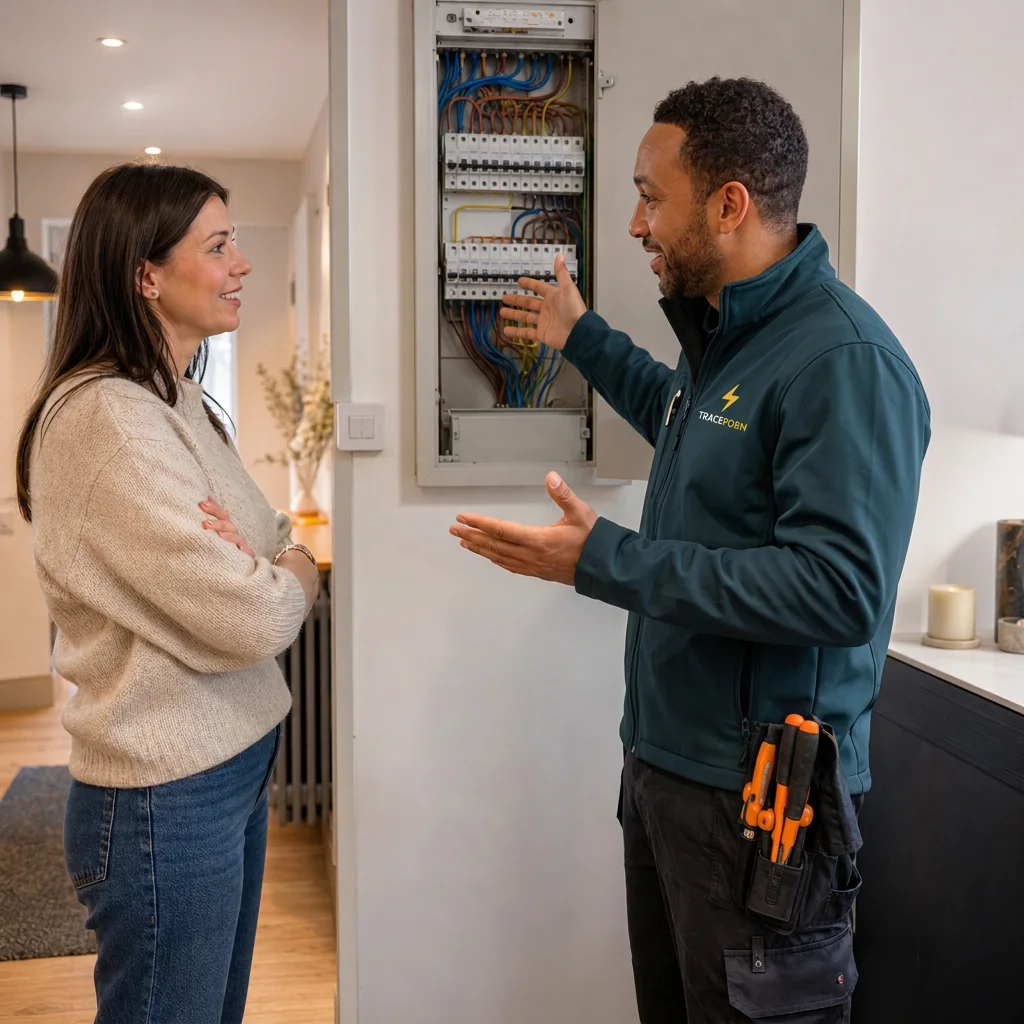 Electrician explaining the fault to the customer