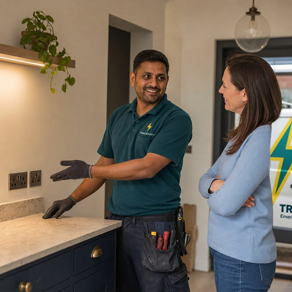Electrician explaining the fault to the customer