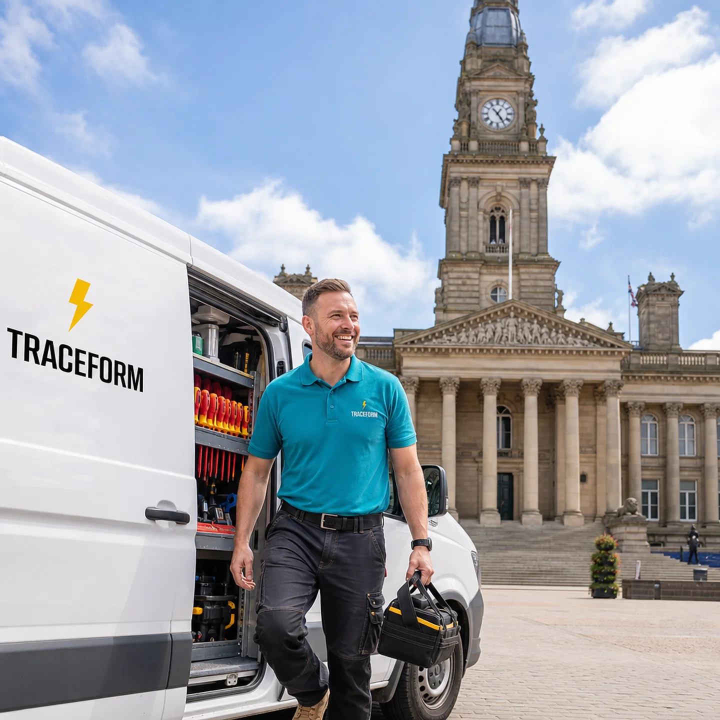 TRACEFORM emergency electrician stepping out of a white van in front of Bolton Town Hall's clock tower and columns on a bright sunny day