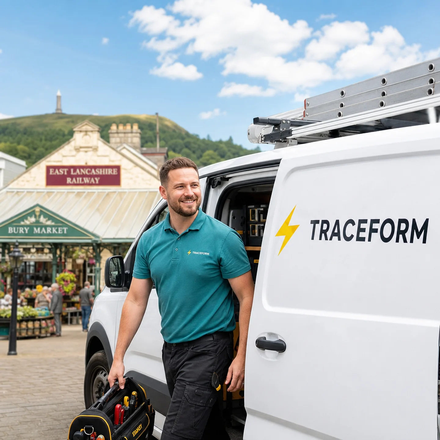 TRACEFORM emergency electrician with a white van outside Bury Market and the East Lancashire Railway station on a bright sunny day