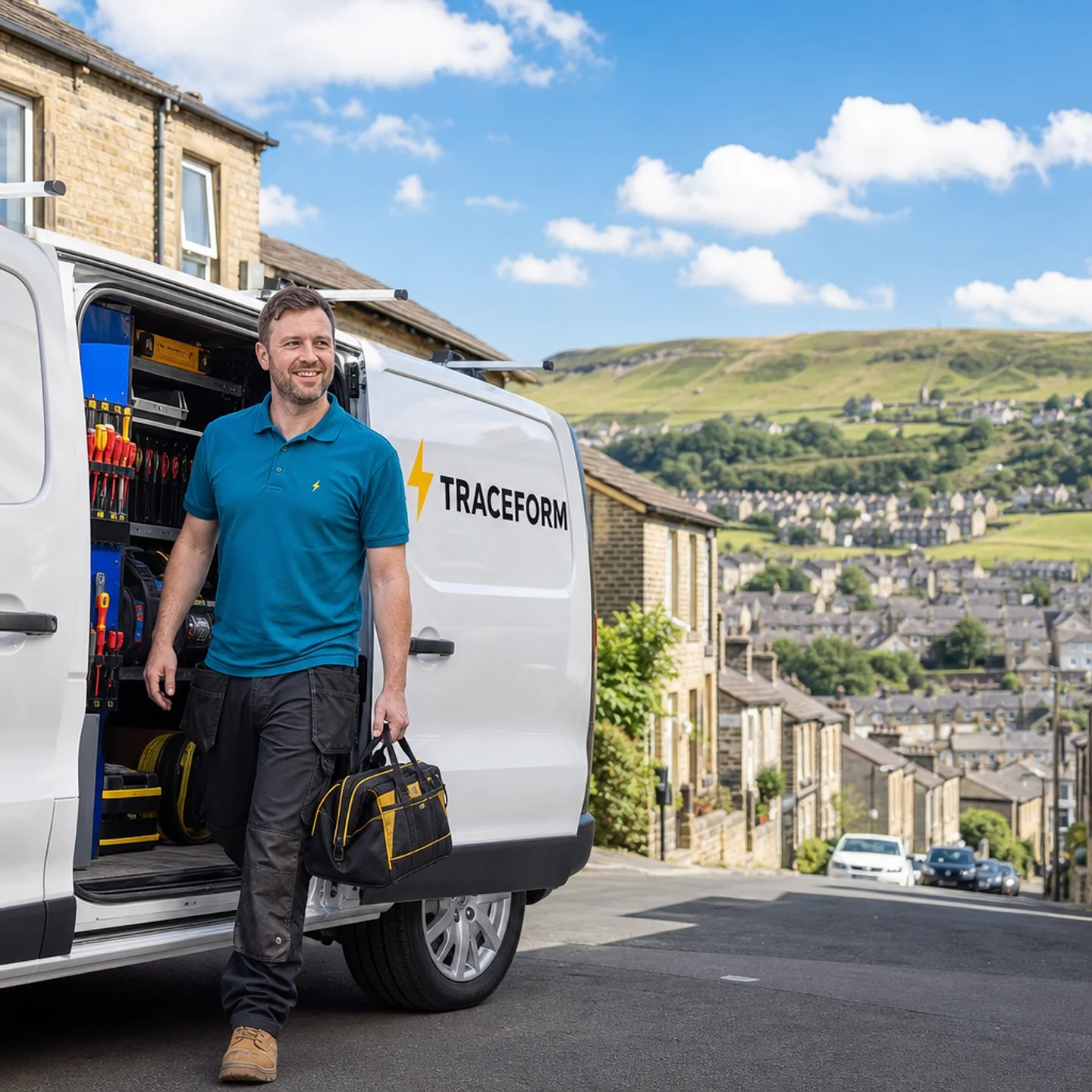 TRACEFORM emergency electrician beside a white van on a sunny stone-terraced Oldham street with green Saddleworth moorland behind