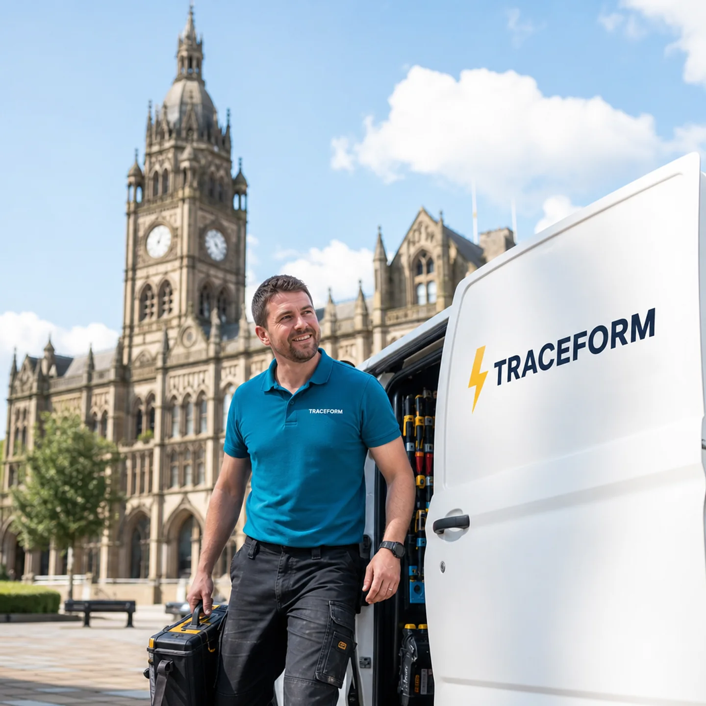 TRACEFORM emergency electrician beside a white van in front of Rochdale's Gothic Town Hall and clock tower under a bright blue sky