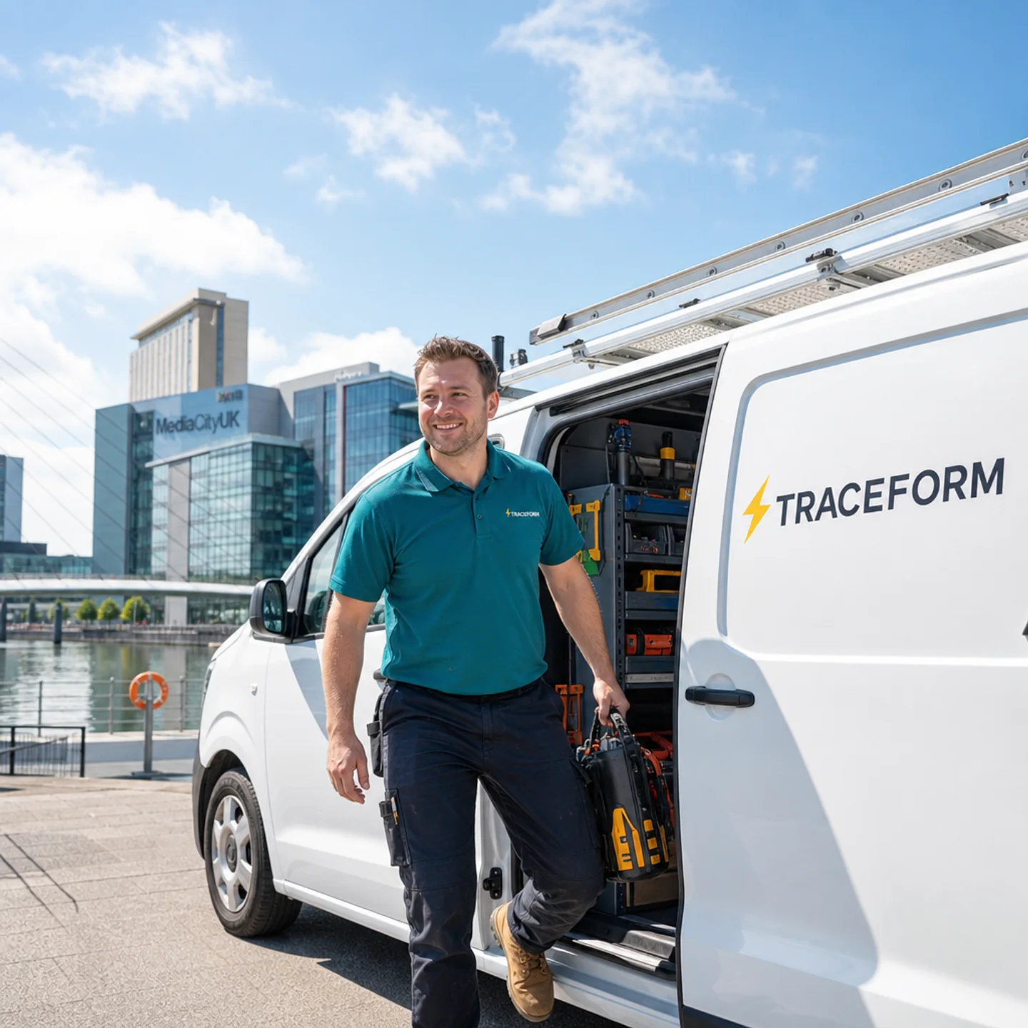 TRACEFORM emergency electrician stepping from a white van at Salford Quays with the MediaCityUK towers and waterfront behind on a sunny day