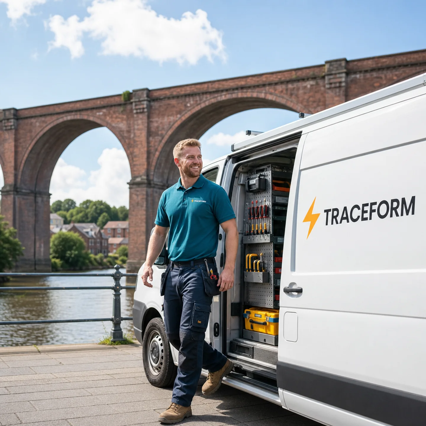 TRACEFORM emergency electrician beside a white van with the red-brick arches of Stockport Viaduct and the river behind on a sunny day